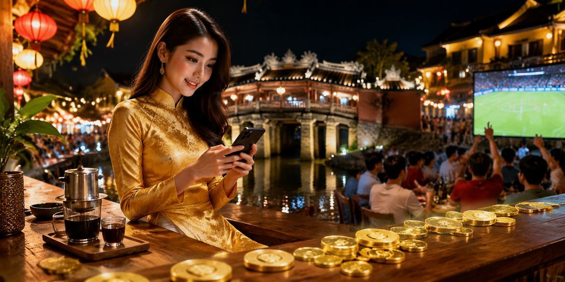 Người dùng chơi casino trên điện thoại tại phố cổ Hội An với trang phục áo dài