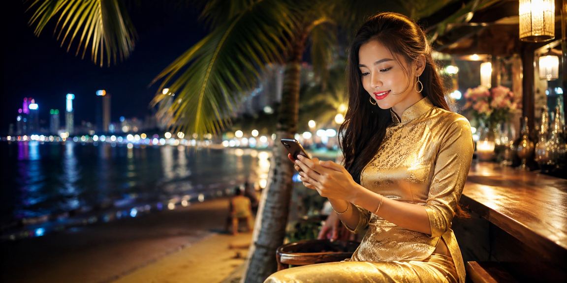 Người dùng cá cược thể thao trên điện thoại tại Nha Trang với trang phục áo dài truyền thống